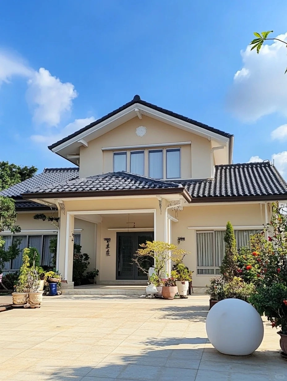 Cổng và mặt tiền nhà mái nhật đồng bộ tạo nên tổng thể kiến trúc hoàn mỹ