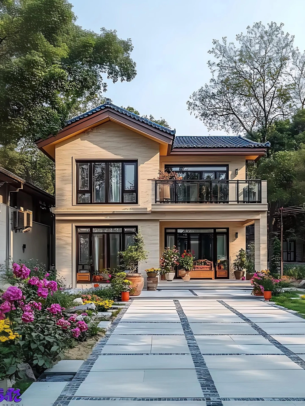 Phối màu sơn mặt tiền nhà 2 tầng mái nhật tông trắng xám tinh tế