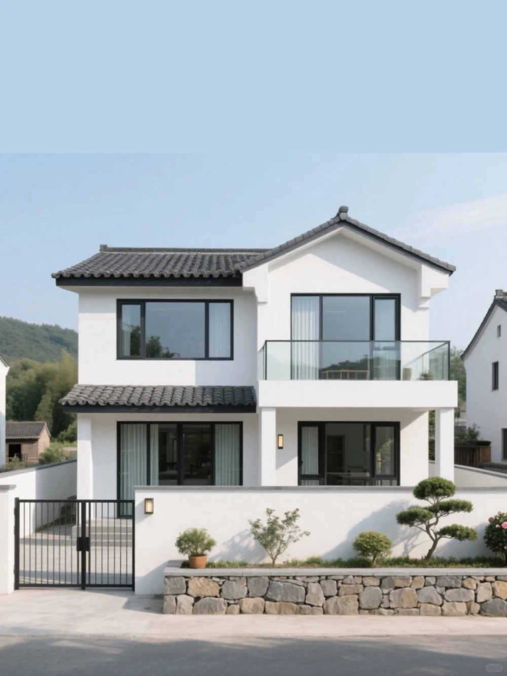 Thiết kế mặt tiền nhà mái nhật 2 tầng sang trọng với hệ trụ cột vững chãi