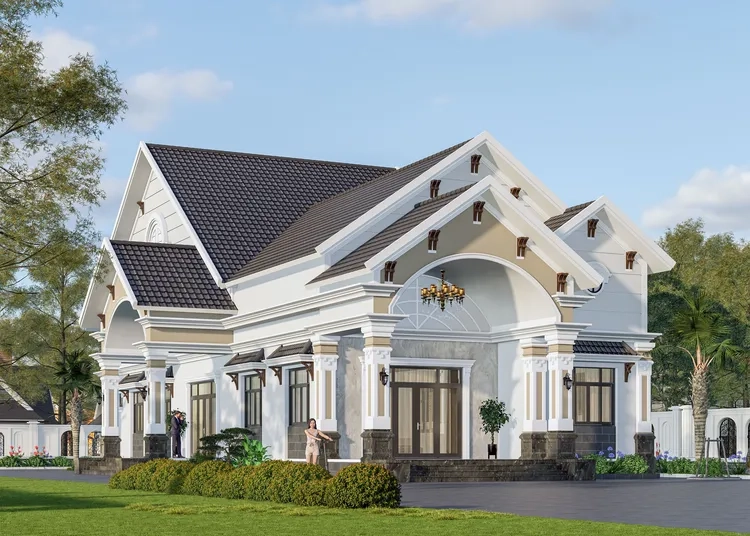 Phương án mặt tiền nhà mái thái chữ l tối ưu lối đi