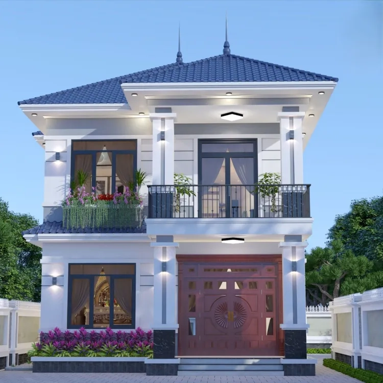 Đường nét trẻ trung của mặt tiền nhà mái thái 2 tầng hiện đại