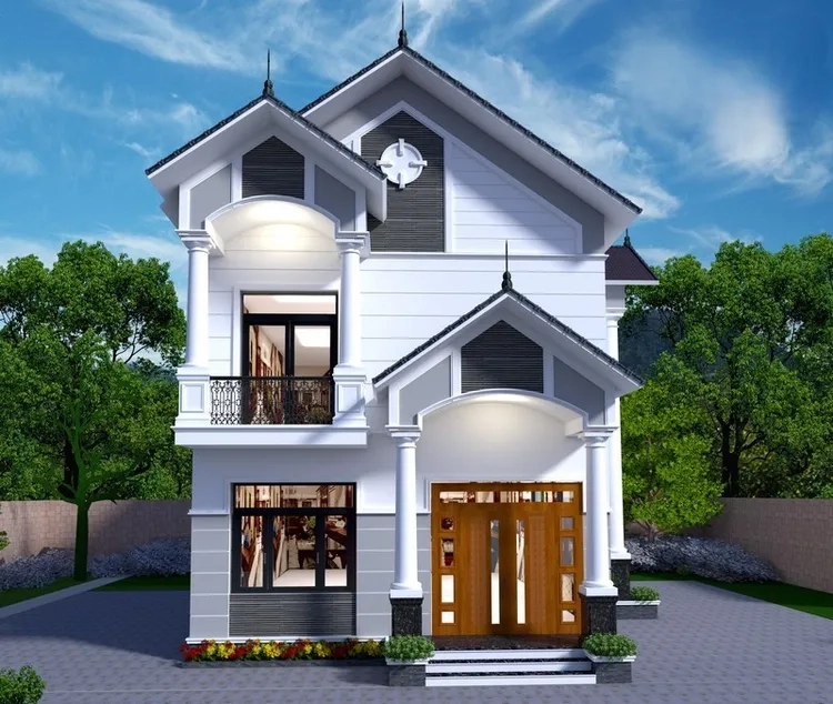 Vẻ sang trọng toát lên từ mặt tiền nhà mái thái 2 tầng tân cổ điển