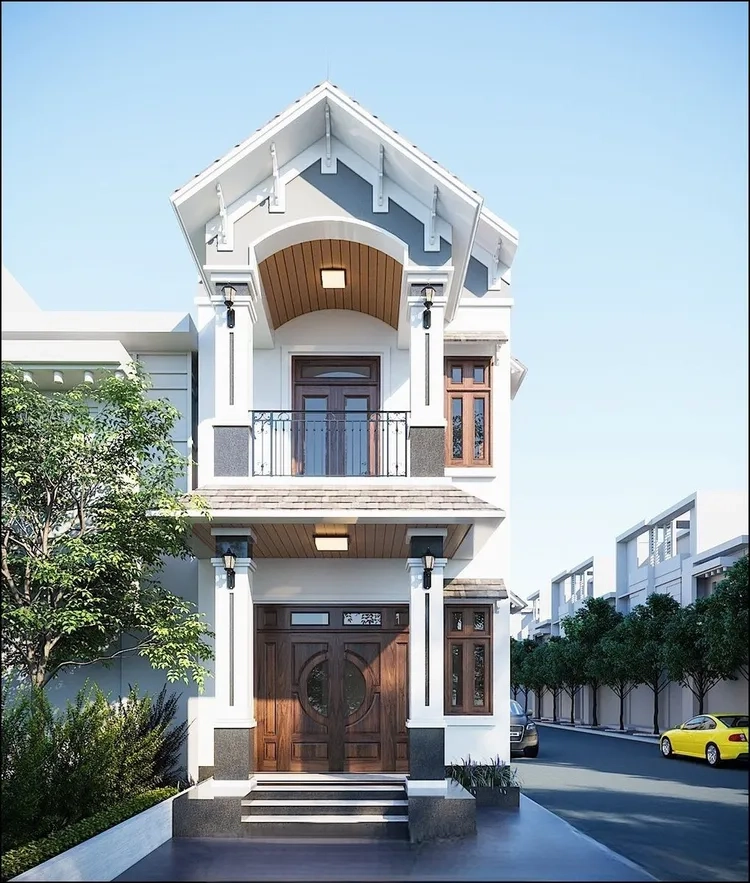 Sự gần gũi thể hiện ở mặt tiền nhà mái thái 2 tầng nông thôn