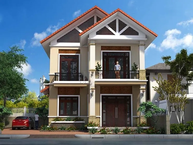 Thiết kế thoáng sáng với mặt tiền nhà mái thái 2 tầng có ban công