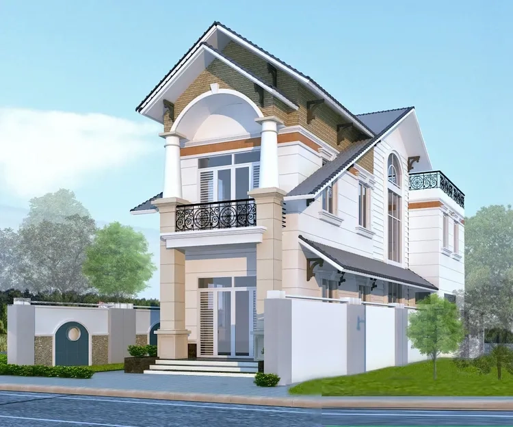Thiết kế rộng rãi từ mặt tiền nhà mái thái 2 tầng 8m