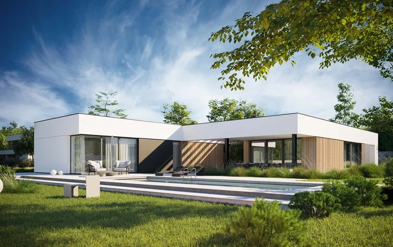 Tối giản thanh lịch nhà mái bằng chữ L tối giản