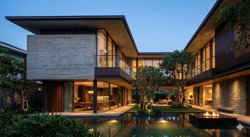 Một tầng tiện nghi nhà mái bằng chữ U 1 tầng