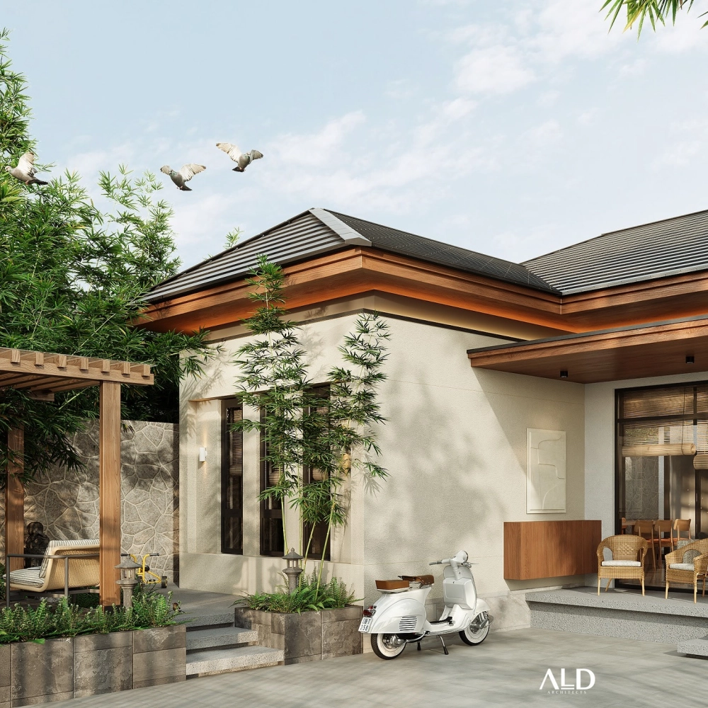 Trang trí mặt tiền nhà mái nhật 2 tầng bằng gạch ốp inax hiện đại