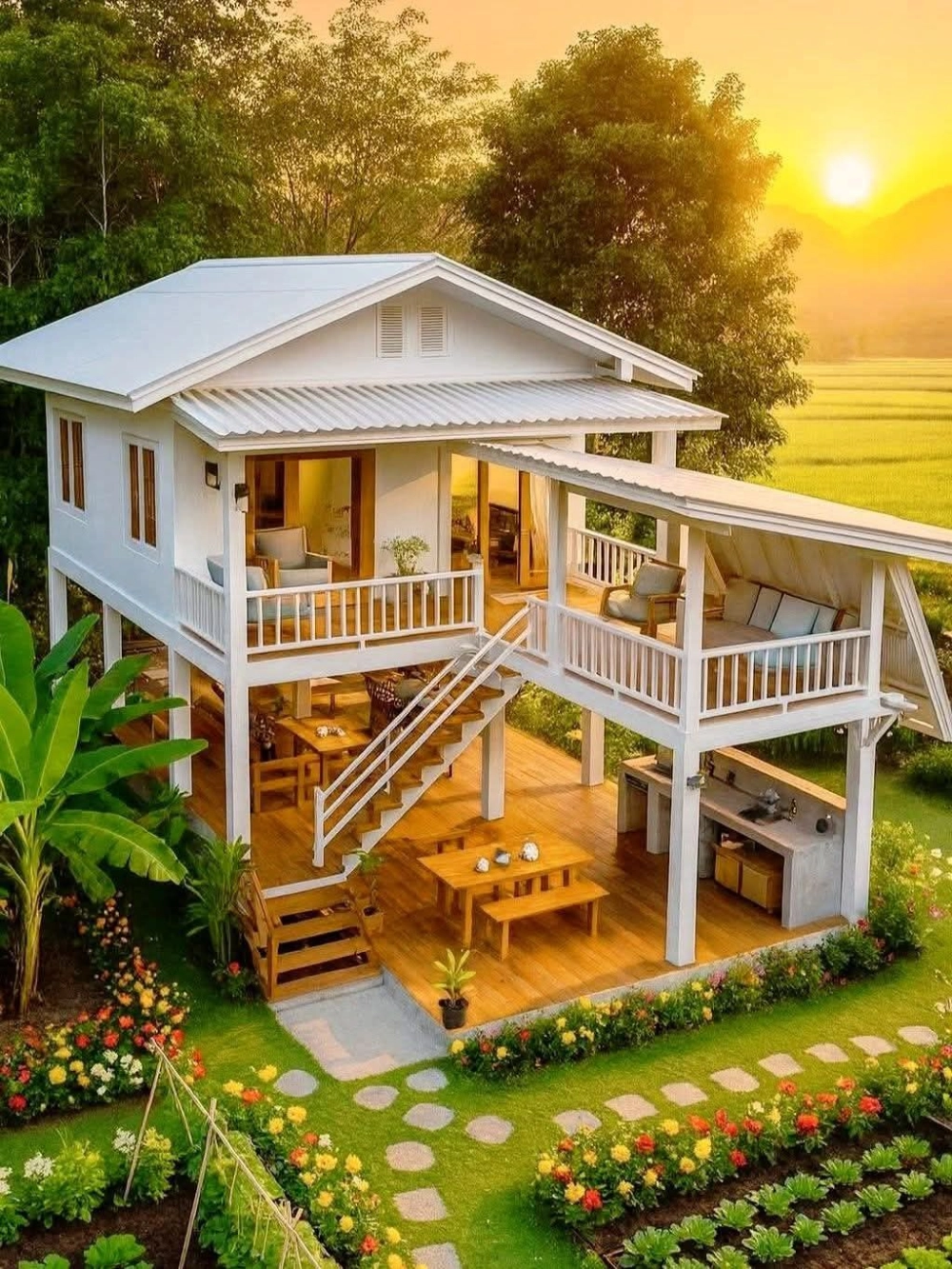 Phối cảnh 3D nhà mái nhật chữ L hiện đại với không gian sân vườn xanh mát