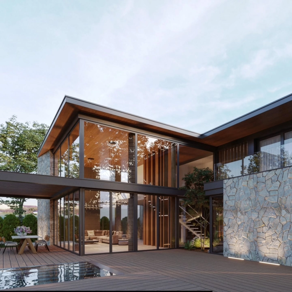 Phối cảnh nhà mái nhật hiện đại với hệ thống cửa kính lấy sáng tự nhiên