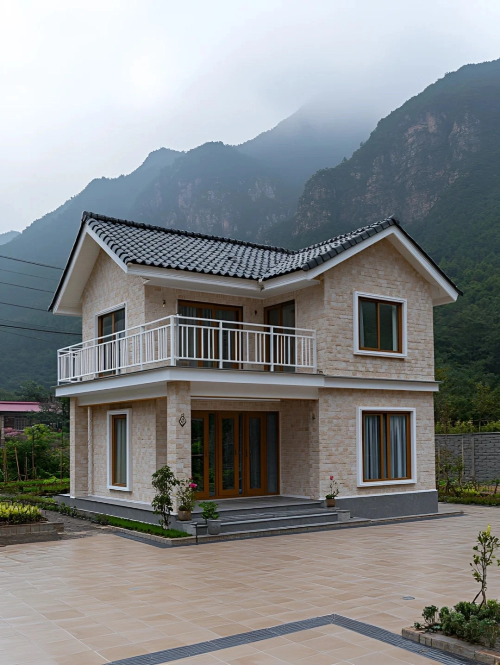 Thiết kế nhà mái nhật lợp ngói đỏ giúp nổi bật giữa không gian xanh