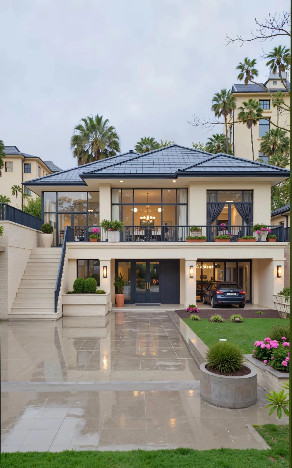 Thiết kế sân vườn xung quanh nhà mái nhật vuông tạo không gian thư giãn