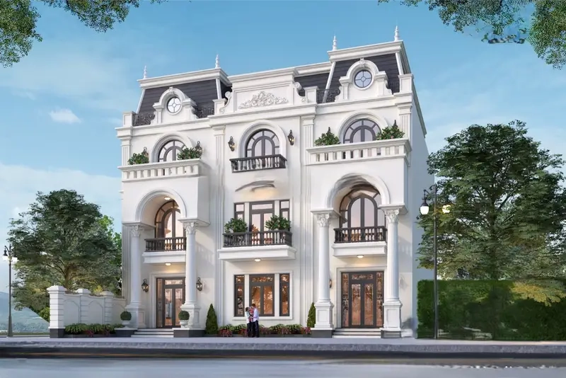 Phối cảnh nhà mái Mansard 2 tầng cân đối và bề thế