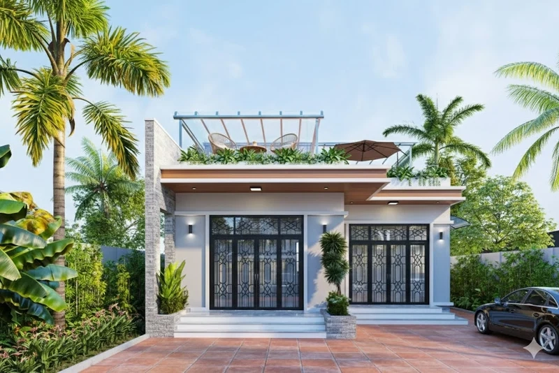 Nhà cấp 4 mái bằng có sân thượng hiện đại