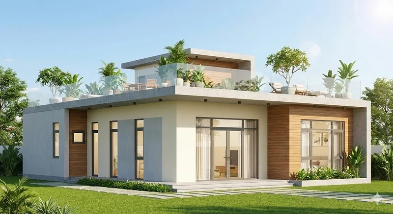 Nhà cấp 4 mái bằng có sân thượng thông thoáng