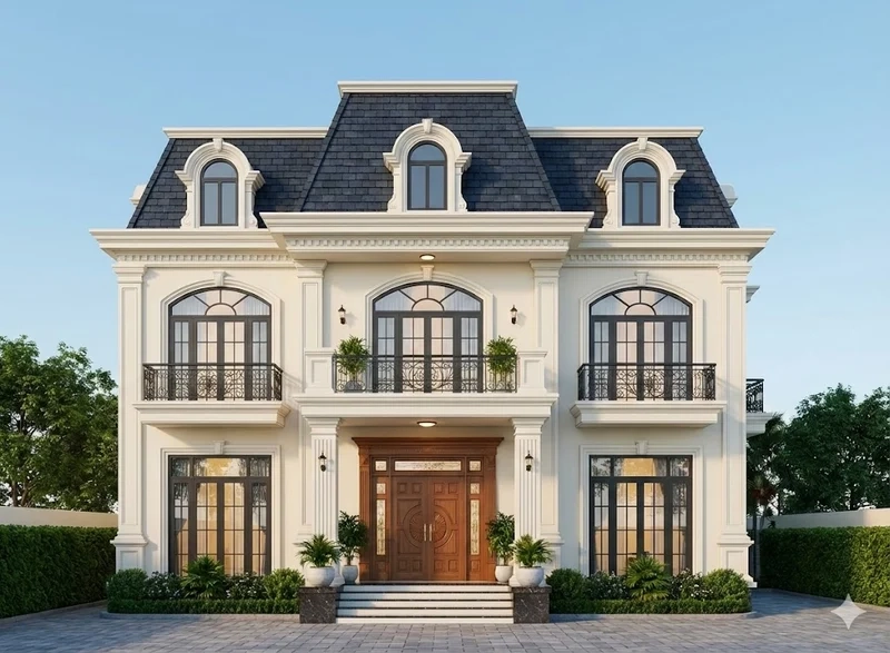 Mẫu nhà mái mansard 2 tầng sang trọng